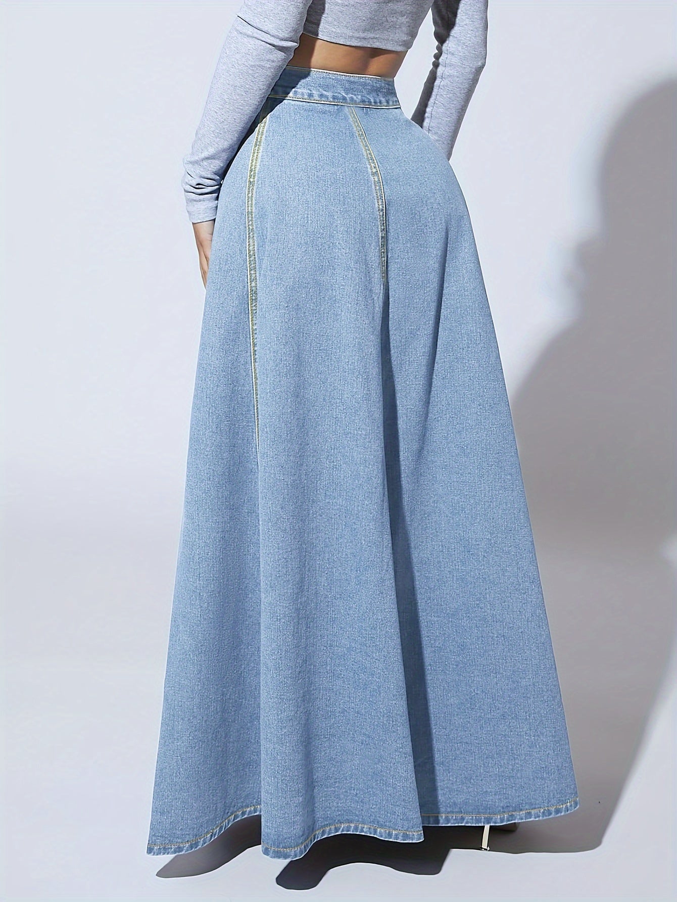 Women's High-Rise Washed Blue Denim Flared Skirt for Tall Individuals