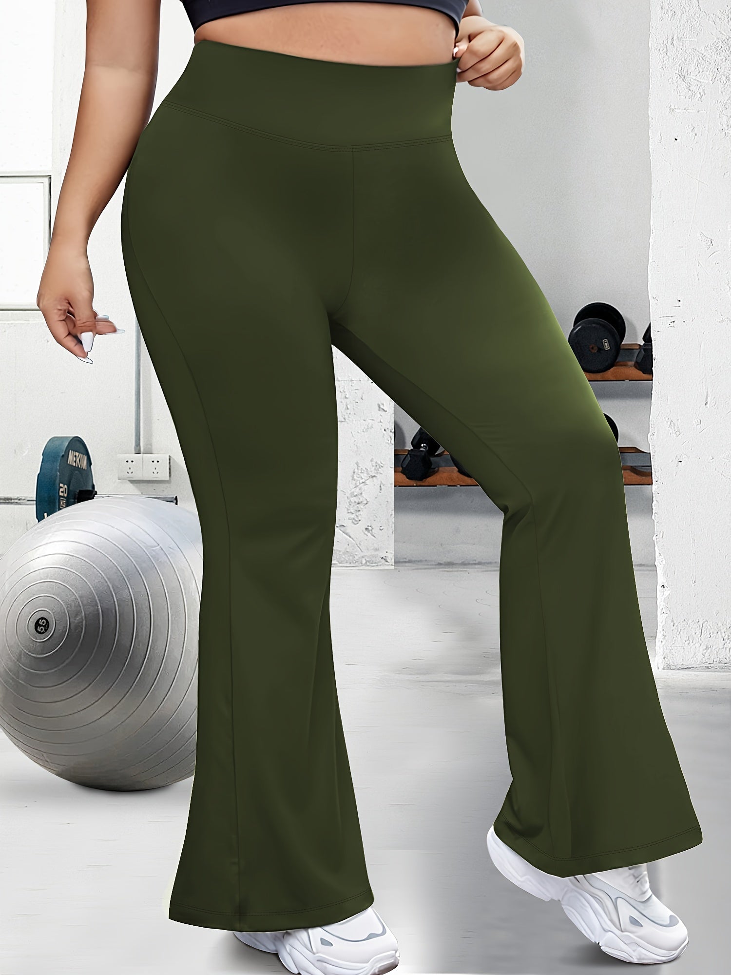 Women's Plus Size High Waist Stretchy Flare Leg Pants Olive Green