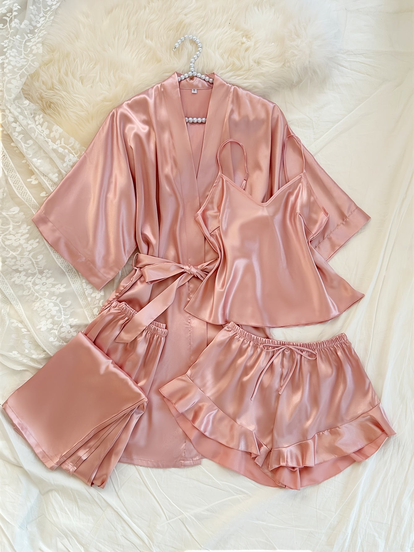 Women's V-Neck Sleepwear Set with Shorts and Pants Solid Polyester All-Season