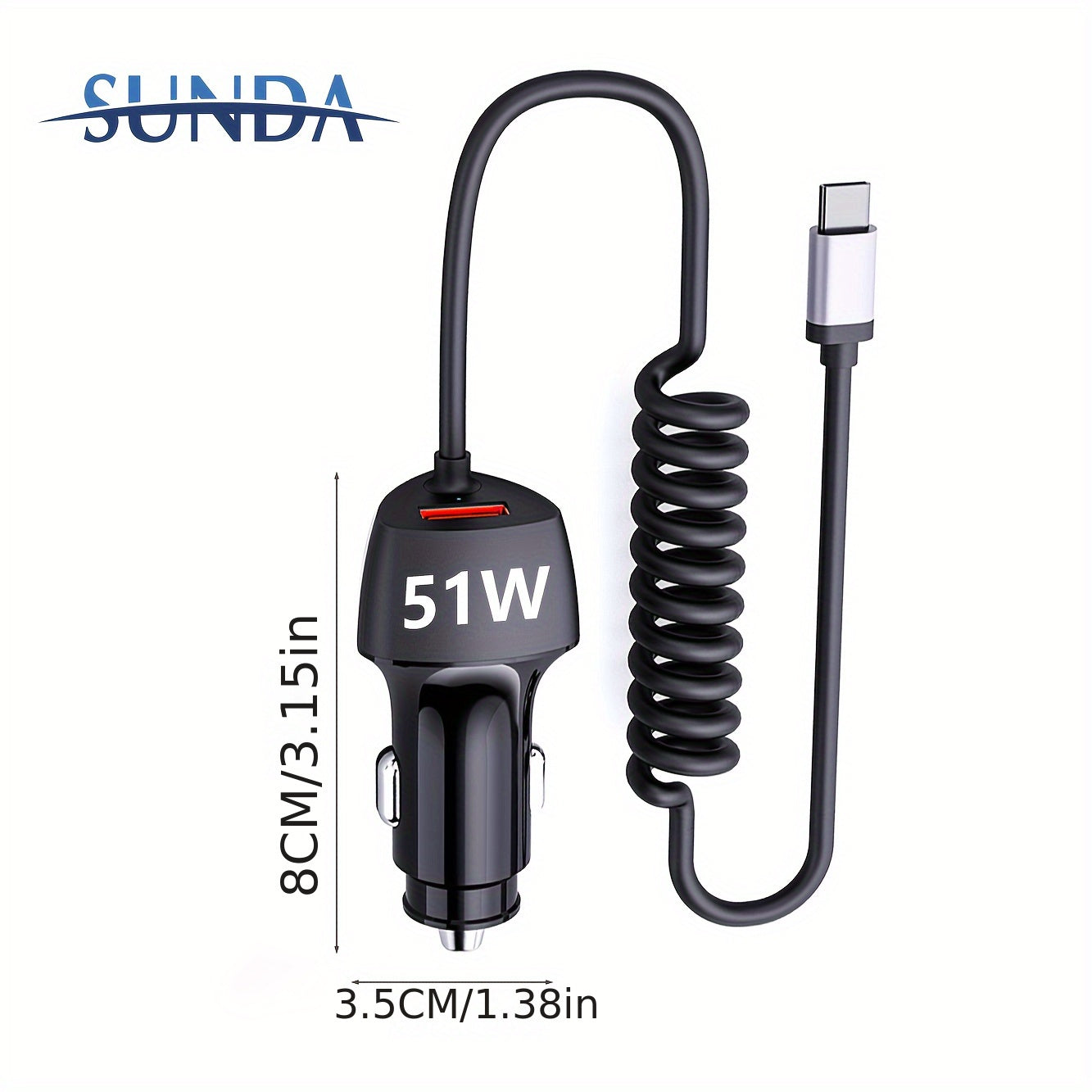 USB C Car Charger 51W Fast Charging PD QC3.0 with Coiled Cable for Android Devices