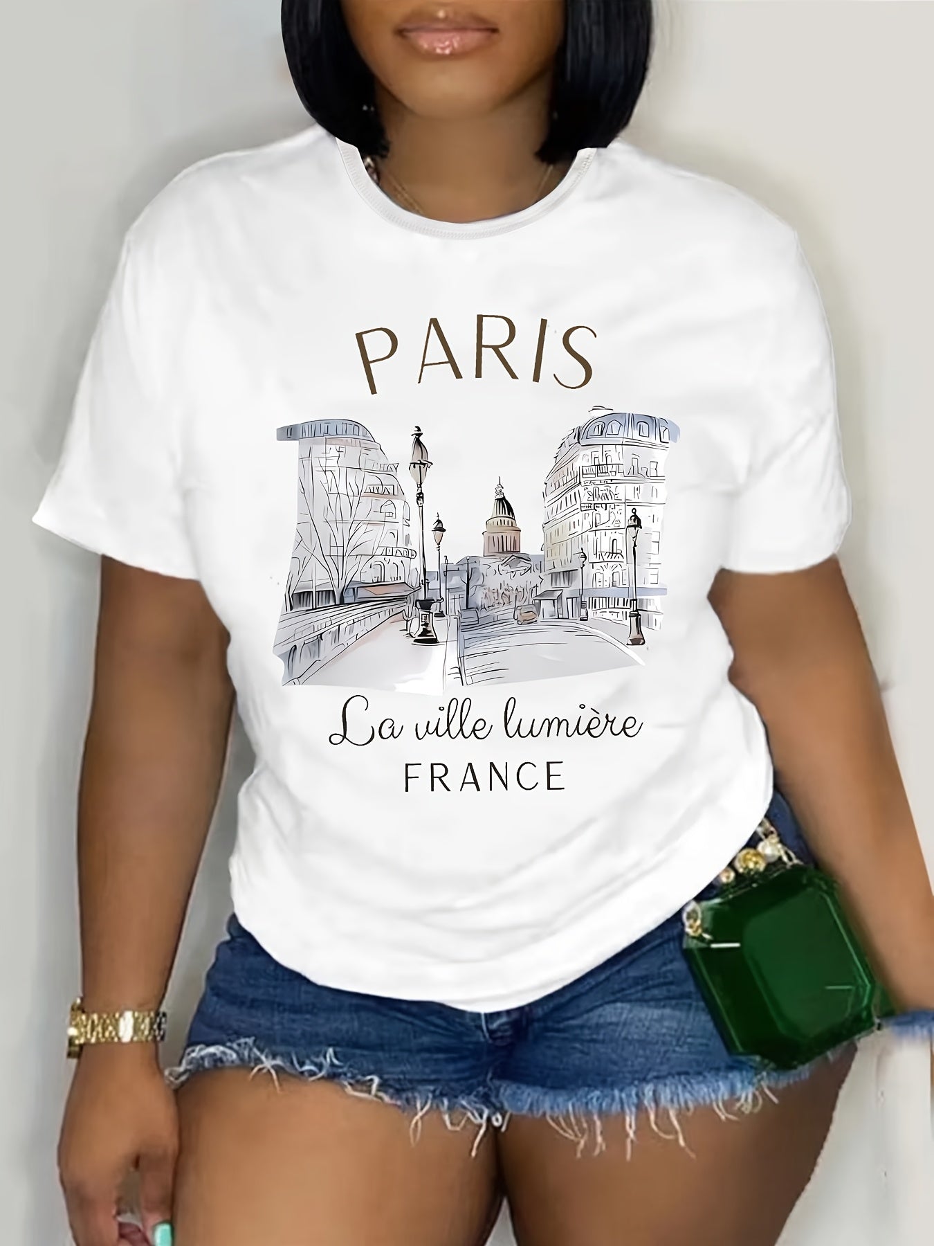Women's Plus Size Paris Cityscape Graphic T-Shirt Soft Stretchy Fabric Casual Top