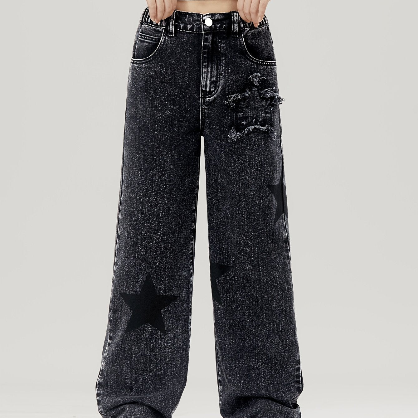 Kids' Wide-Leg Denim Jeans with Star Pattern Elastic Waist Non-Stretch Cotton