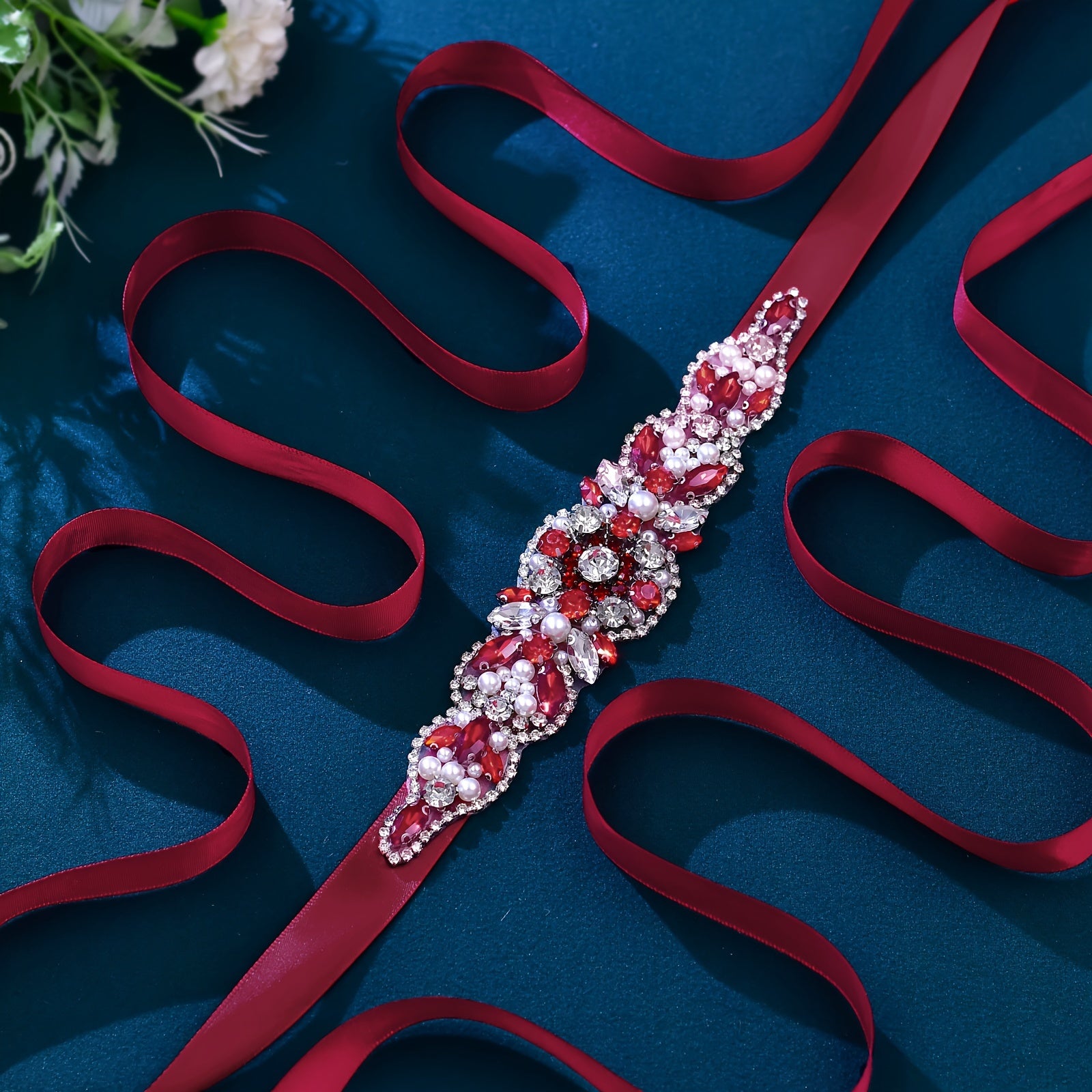 Red Satin Wedding Sash Belt with Rhinestones for Bridal Dresses and Evening Gowns