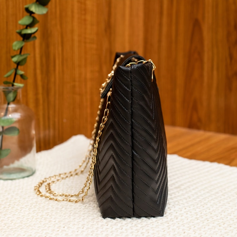 Retro Tote Bag for Women with Magnetic Closure Chevron Pattern Crossbody Shoulder Bag in Black White Light Brown