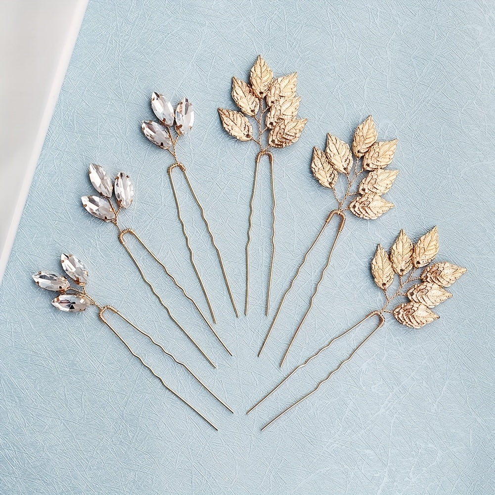 Set of 6 Leaf and Rhinestone Hair Pins for Bridal Wedding Hair Accessories