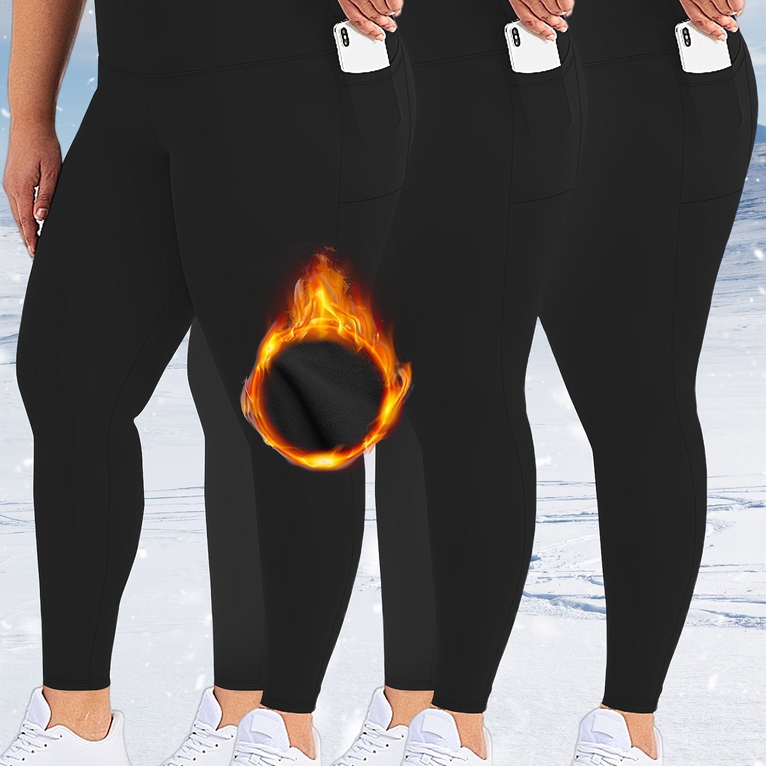 Women's Fleece-Lined High-Waist Leggings with Pockets Black Cold Weather