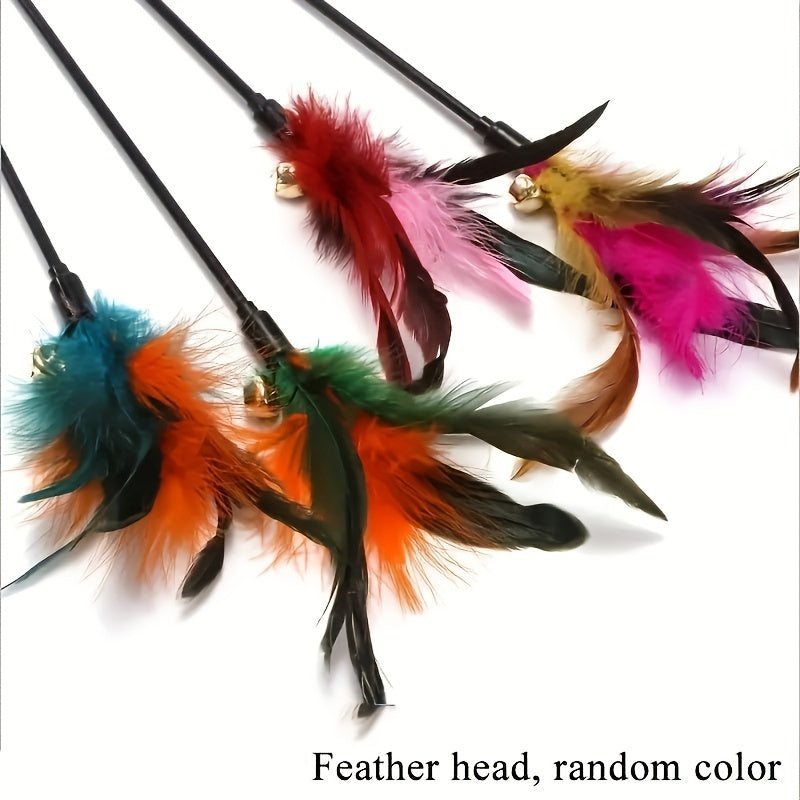 Juguete para gatos 6 campanas pluma mango de plástico teaser resistente a mordiscos para gatos