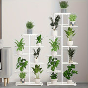 8 qavatli qora metall o'simlik stendi ichki va tashqi foydalanish uchun mo'ljallangan, 9 ta potta o'simlikka chidamli