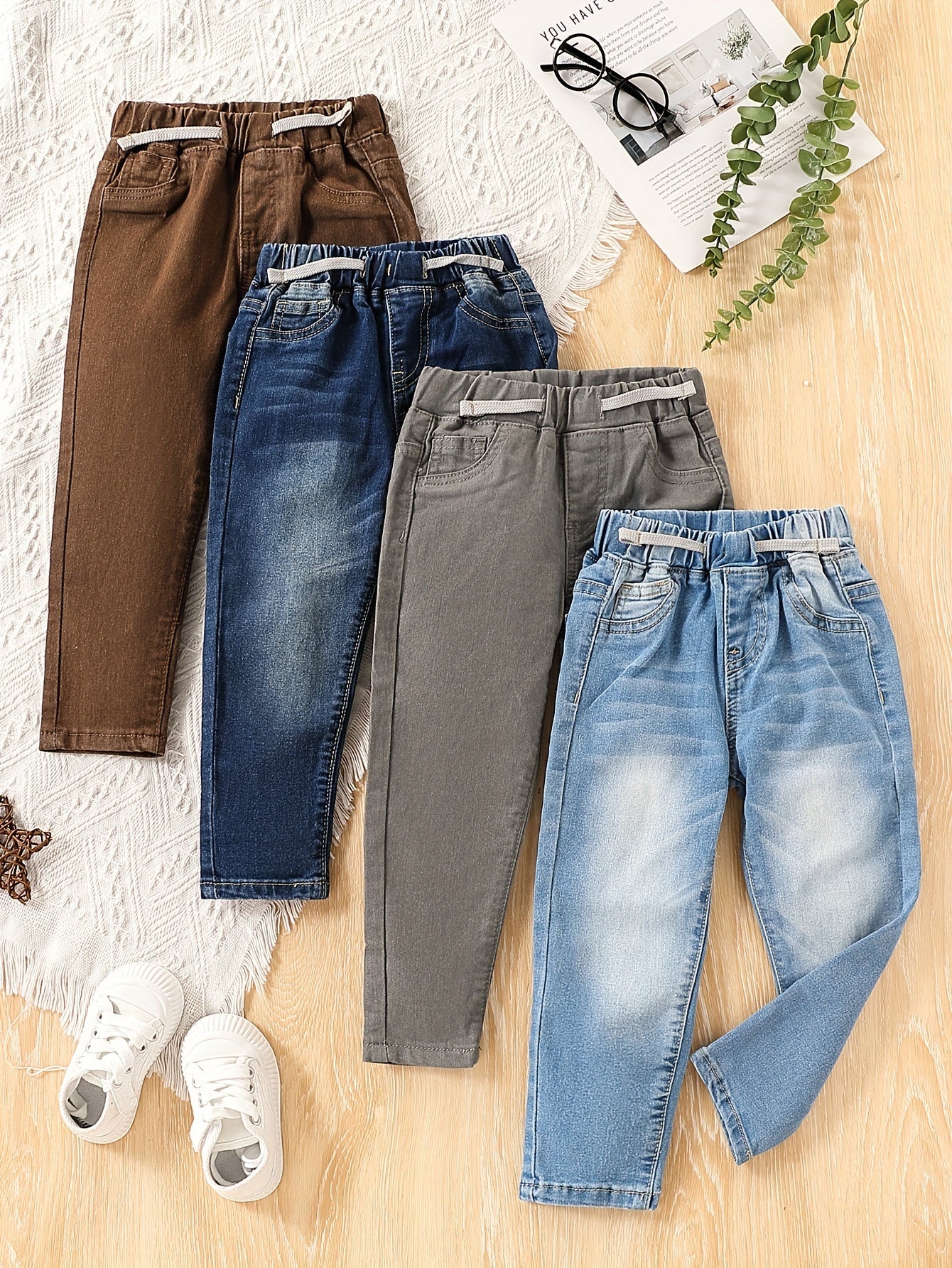 Kids Boys Denim Jeans Set 4 Pack Regular Fit Elastic Waist All-Season