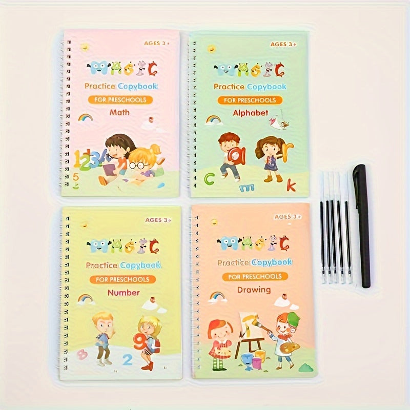 English Handwriting Practice Workbooks for Kids with Grooved Pages and Stickers, Educational Notebook Set