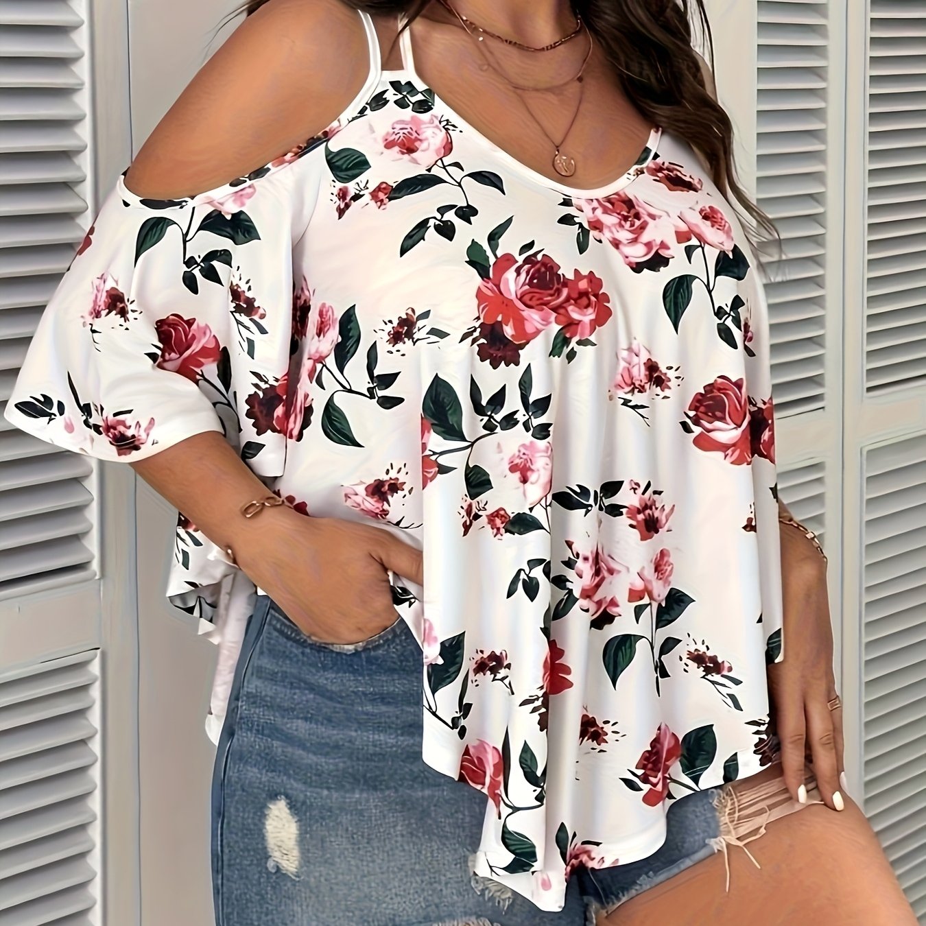 Women's Plus Size Floral Off Shoulder Ruffle Top Casual Sleeveless Summer Light Green Orange Black