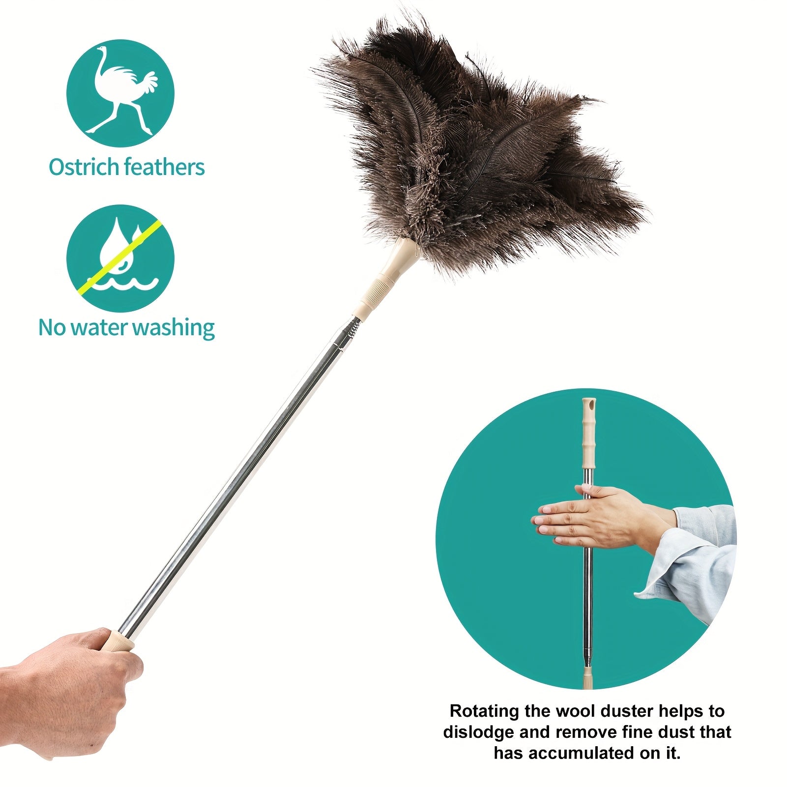 94-Inch Extendable Ostrich Feather Duster with Detachable Lint-Free Reusable Static Brush for Home and Car Cleaning