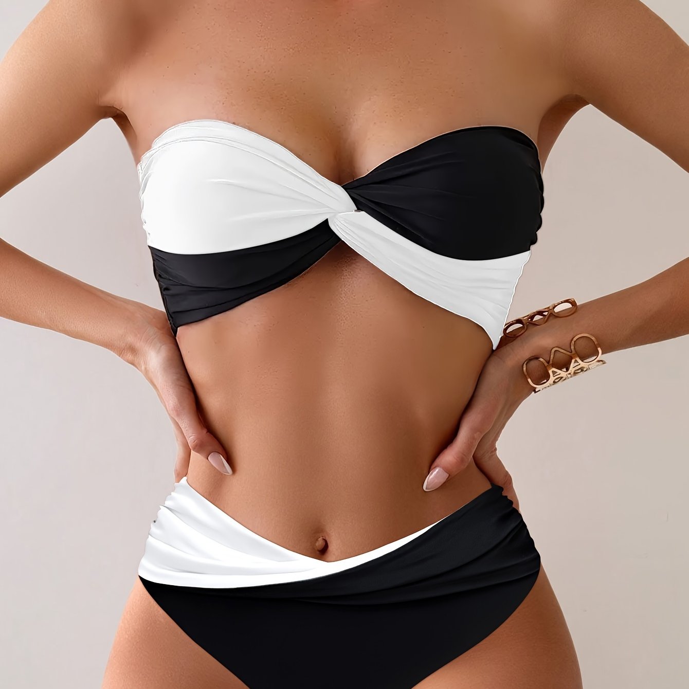 Women's Two-Way Strapless Bikini Swimsuit Black and White High Stretch Knit Solid Color with Frill