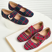 Women Red Plaid Flat Shoes with Strap for All Seasons