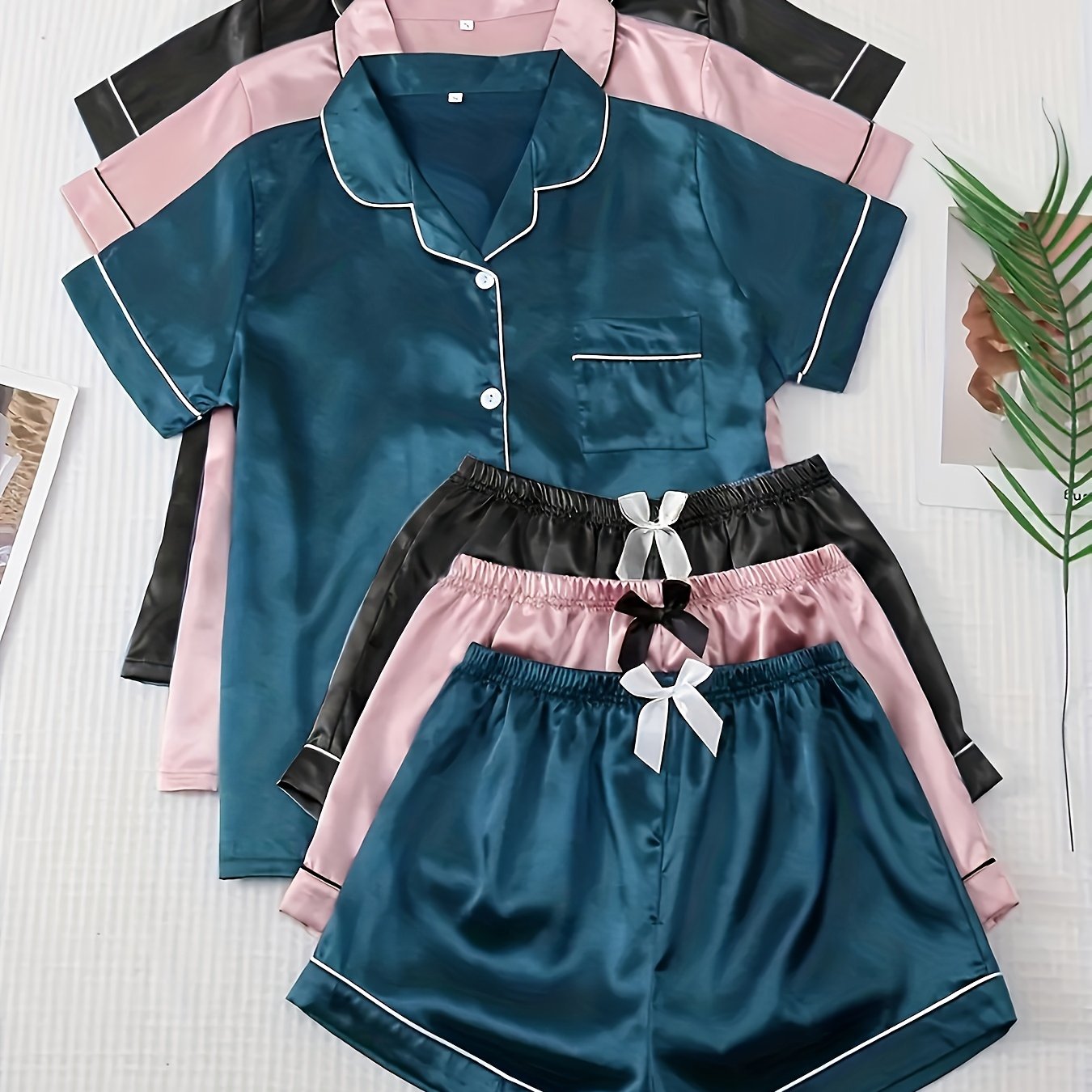 Women's Satin Pajama Sets Short Sleeve Collar Tops Bow Shorts Loungewear Summer