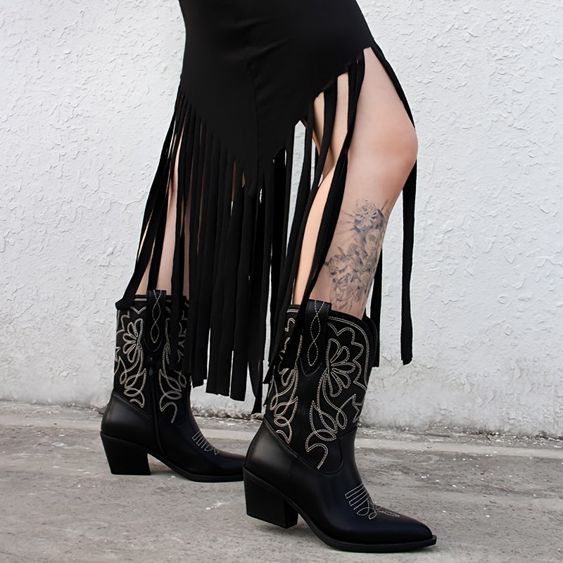 Women’s Western Cowboy Boots Black High Heel Dress Shoes Pointed Toe