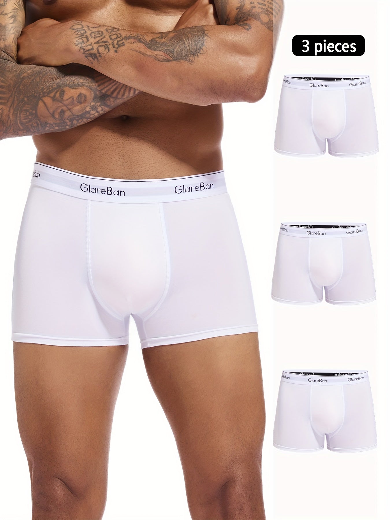 Men's White Boxer Briefs Set 3 Breathable Polyester Blend Elastic Waist Non-See-Through Comfortable Casual