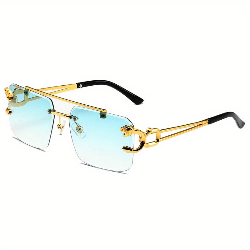 Unisex Rimless Double Bridge Square Metal Glasses with Gold Leopard Temples