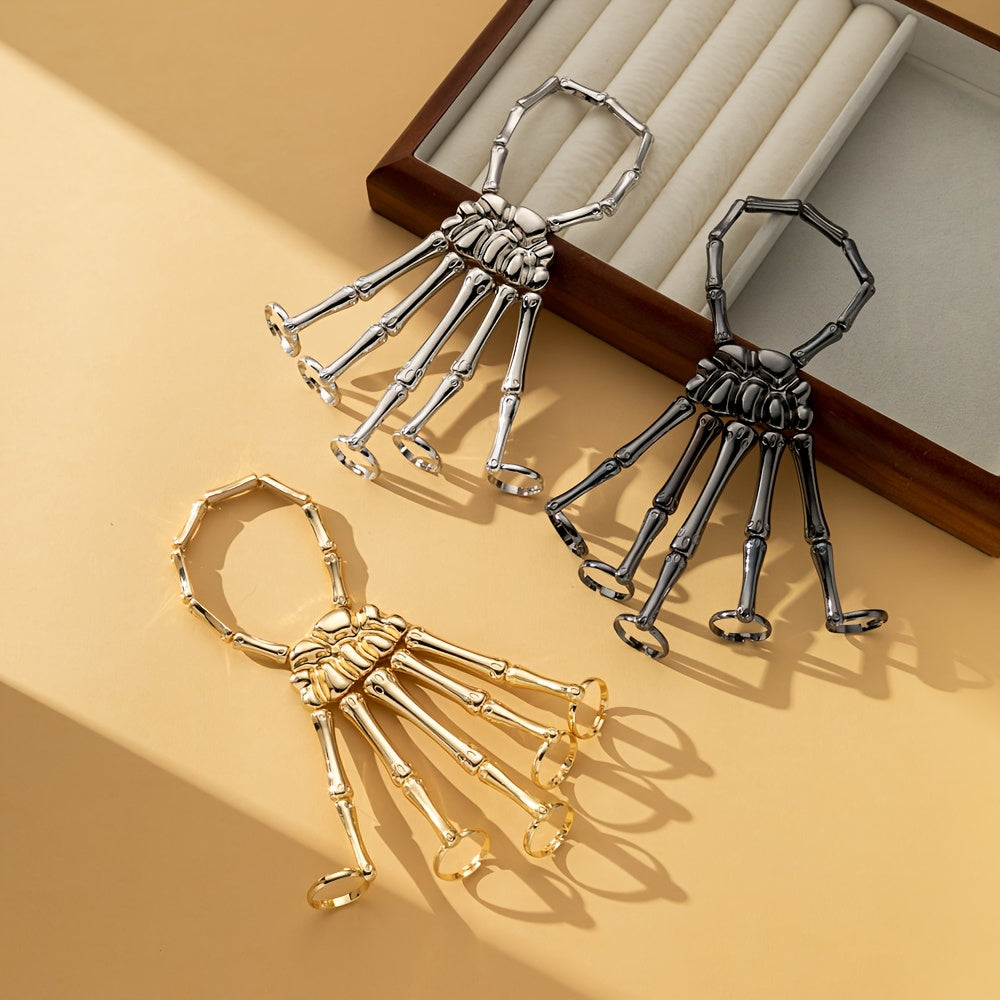 Bir dona zamonaviy punk qafas suyakli qo'l barmoqi moslashuvchan besh barmoqli cho'ziladigan uzuk bilaguzuk, zanjir bilan, gotik va punk uslublarini ifodalaydi.