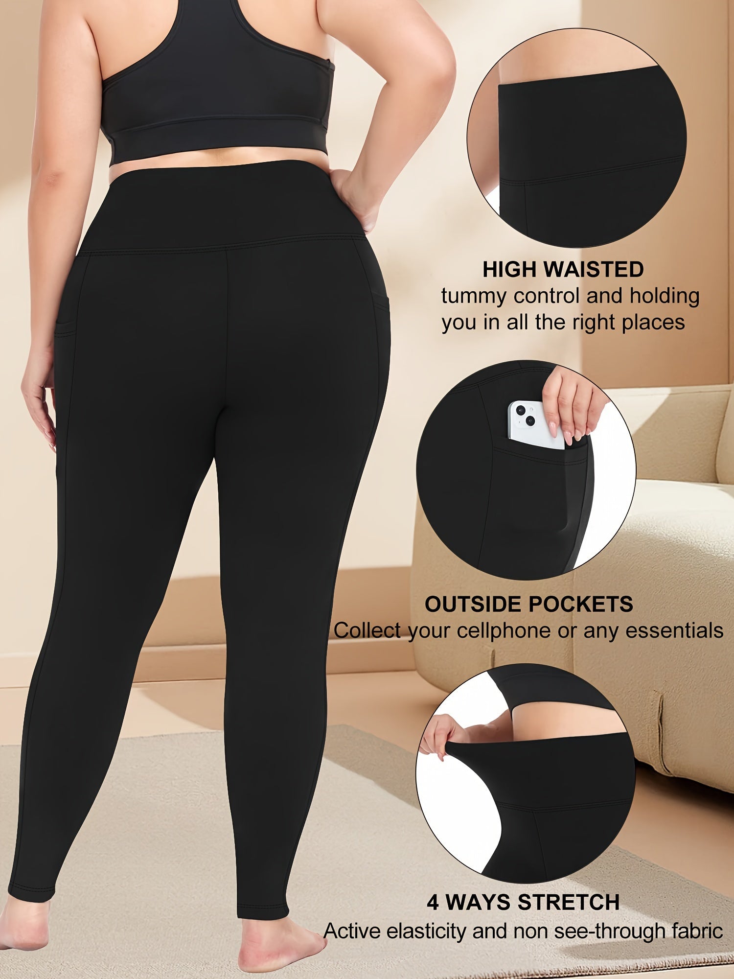 Plus Size High Waist Leggings with Pockets Solid Color Knit Fabric