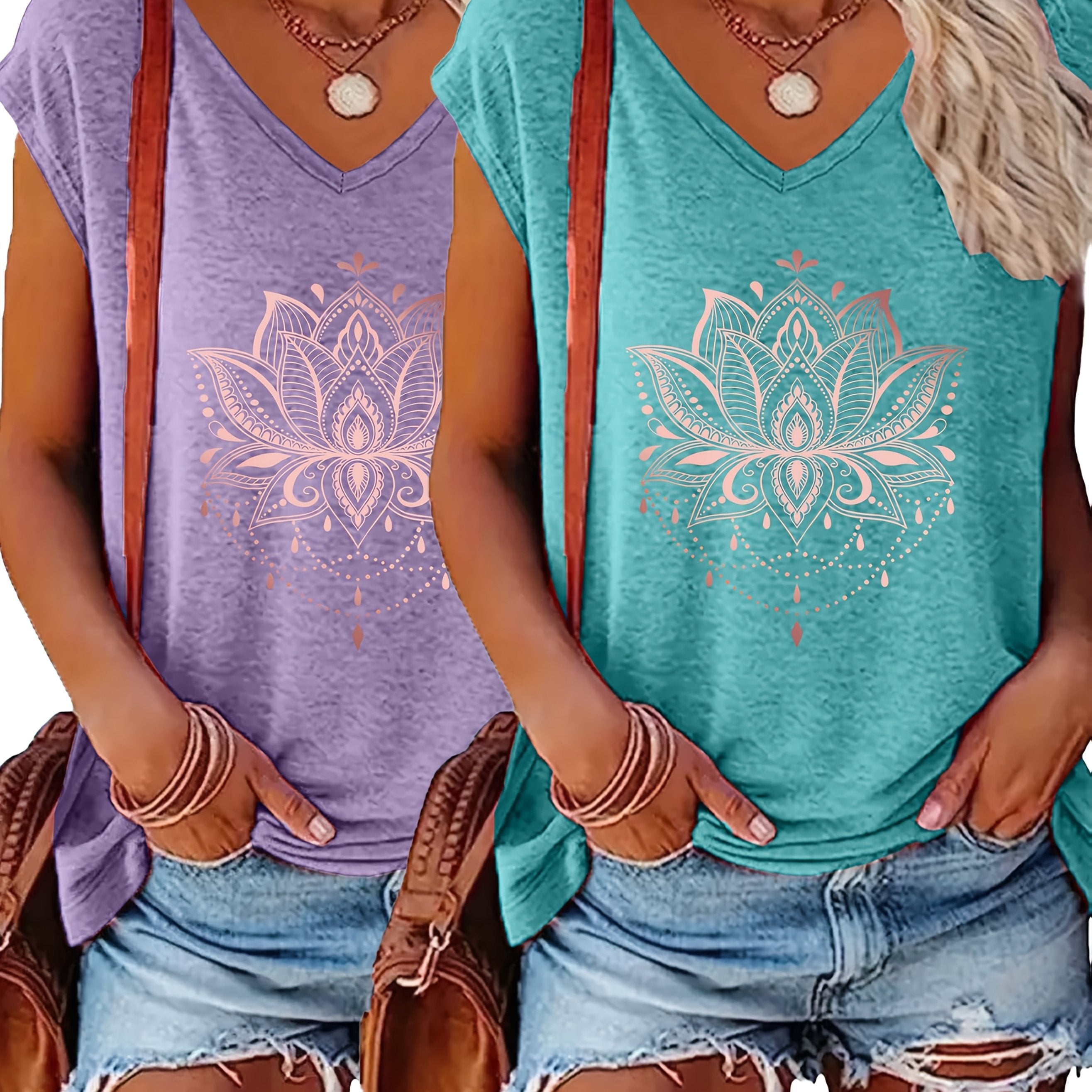 Plus Size Women's V-Neck T-Shirts Set with Floral Print Short Sleeve Casual Tops