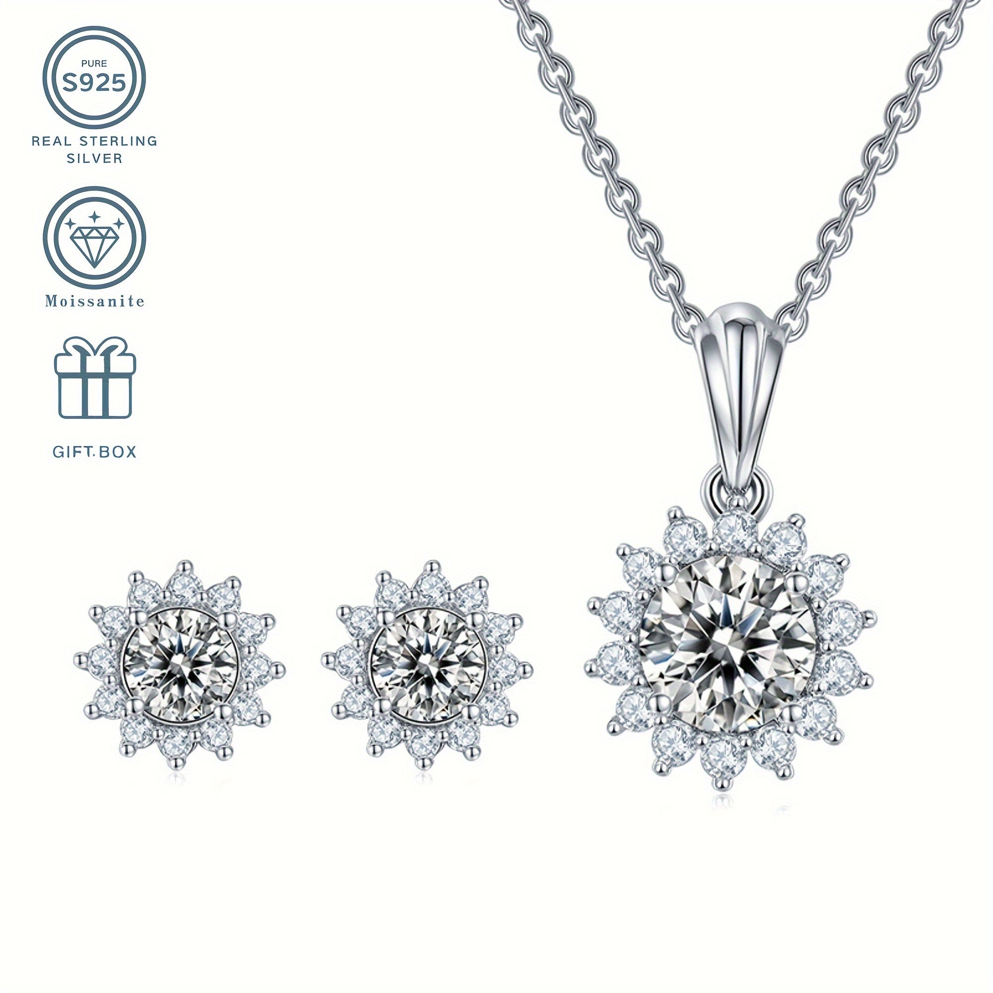 Sunflower Moissanite Jewelry Set in Silver Plating with 1CT Pendant and 0.5CT Earrings for Women