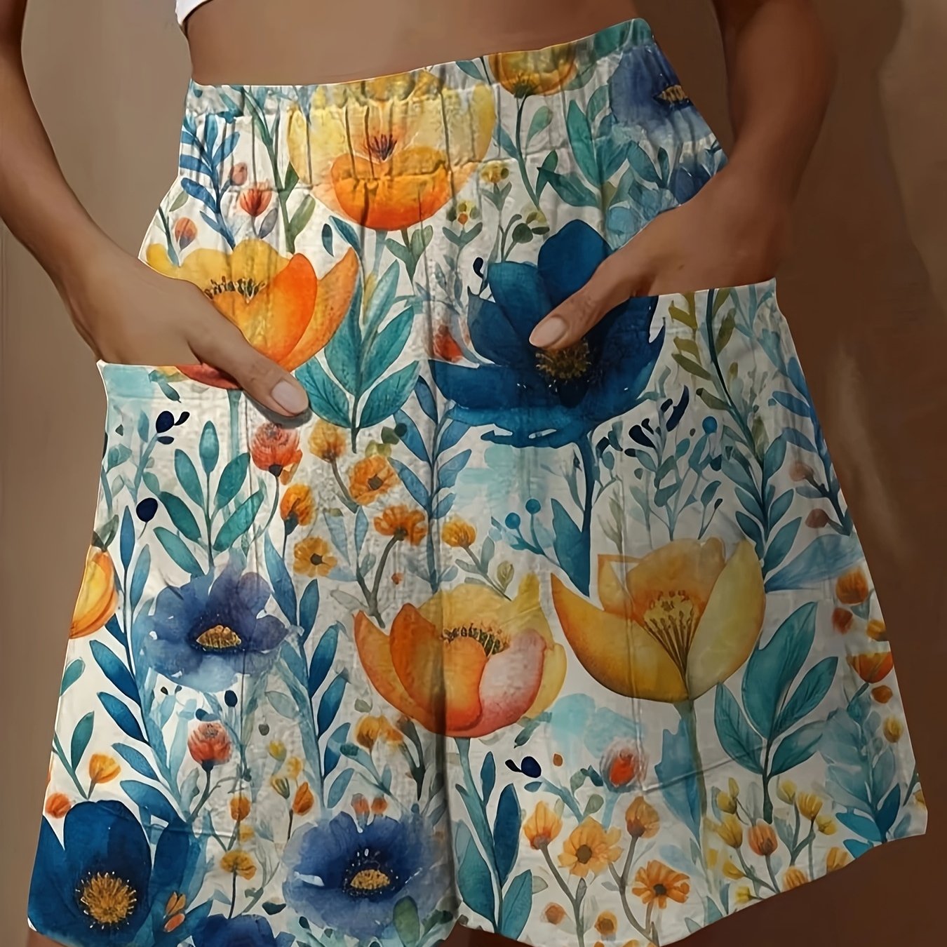 Шорты для женщин больших размеров с рюшами на талии, повседневные, с цветочным принтом и художественным дизайном