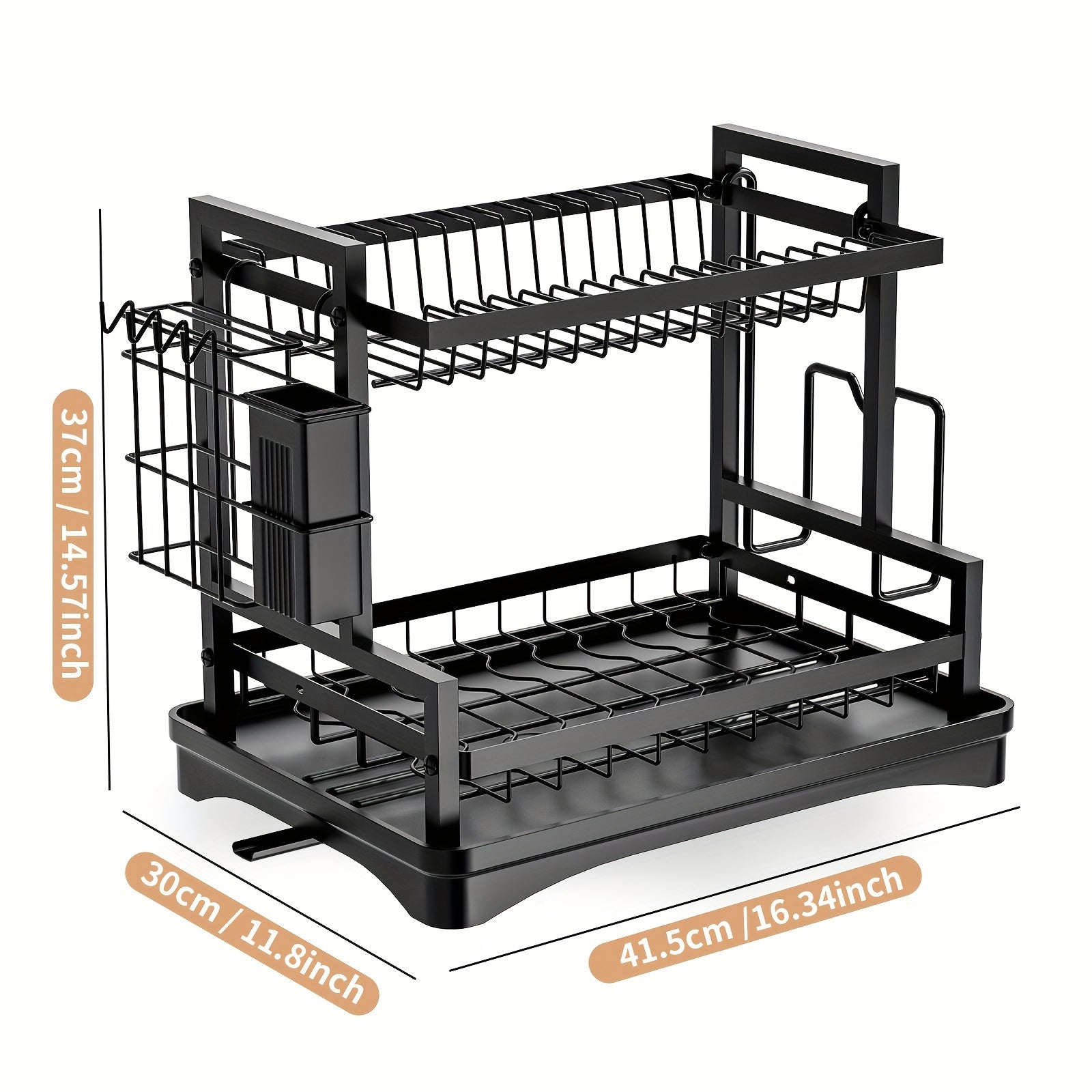 2-Tier Dish Draining Rack with Cutlery Holder Anti-Rust Black Metal Kitchen Organizer