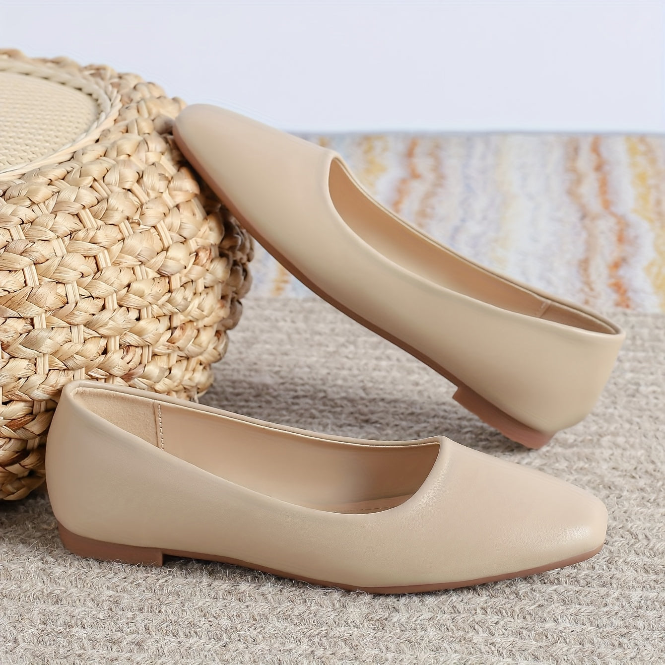 Zapatos planos de mujer de charol sintético con punta cuadrada, beige, con plantilla acolchada y antideslizante para todas las estaciones