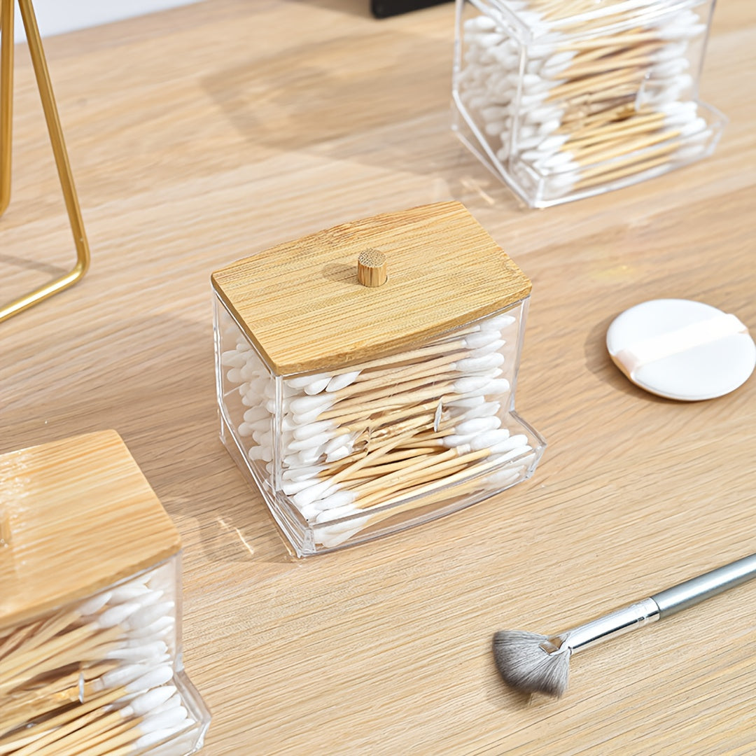 Caja de almacenamiento para baño de acrílico con tapa de bambú o plástico para cosméticos y accesorios