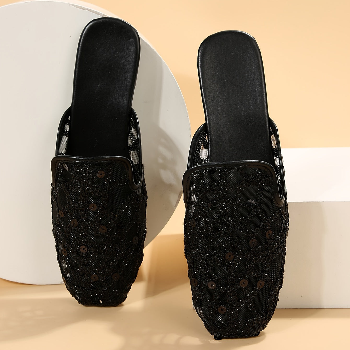 Women's Flat Mules with Sequins Square Toe Mesh Slip-On Summer Shoes