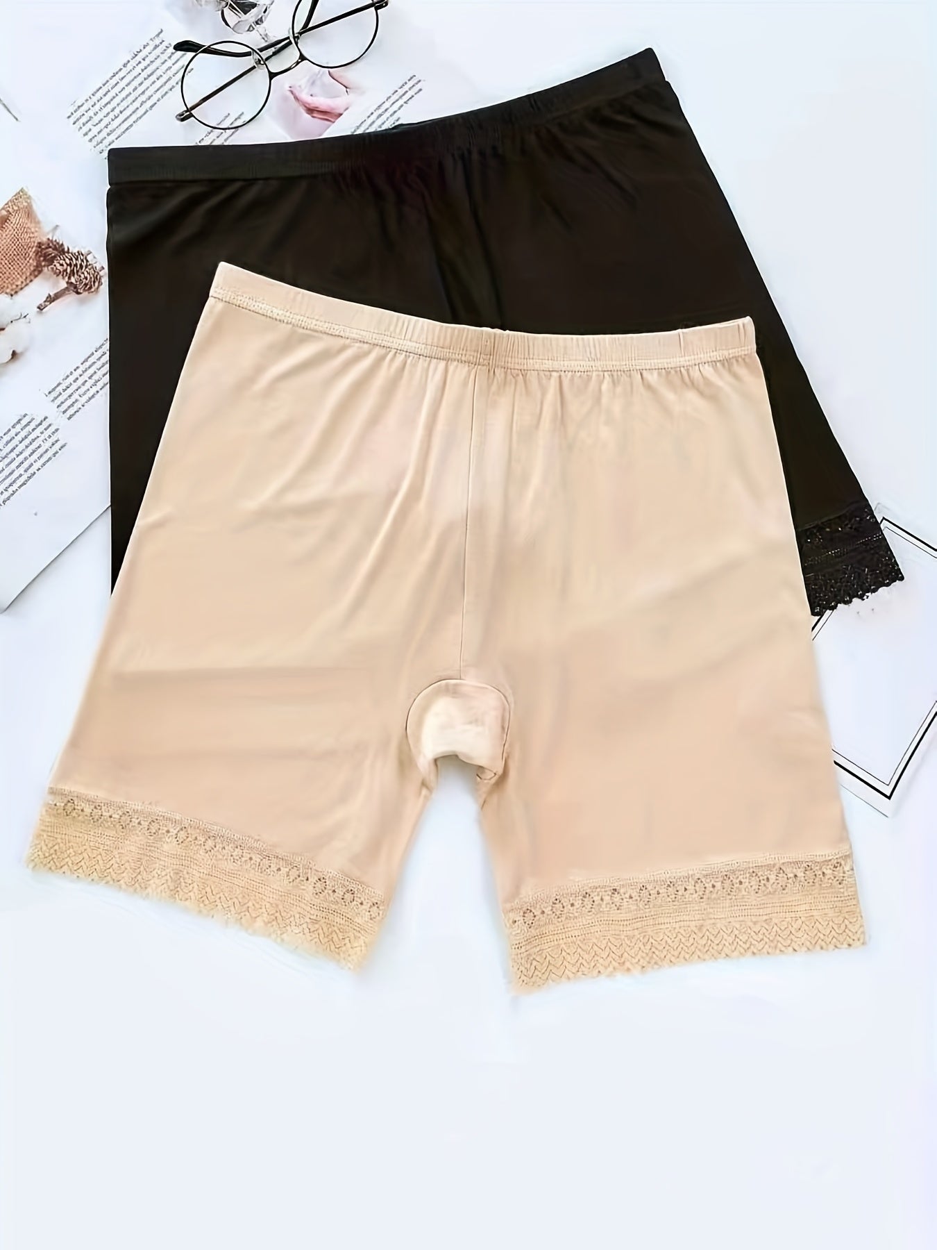 Beige Lace Boyshort Panties Seamless Stretchy Breathable Modal Spandex