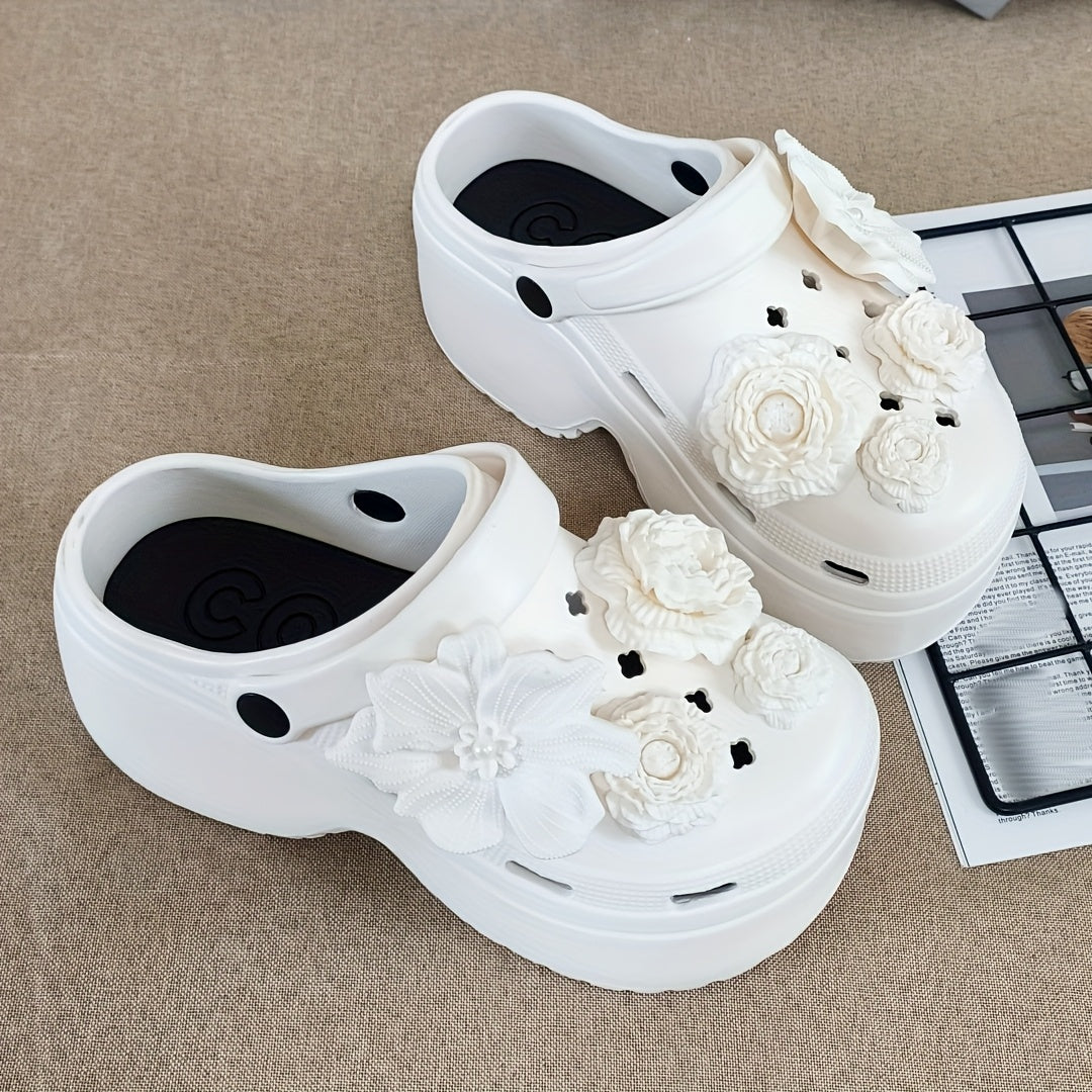 Women Floral Mule Shoes White Black Accents Non-Slip EVA Comfortable