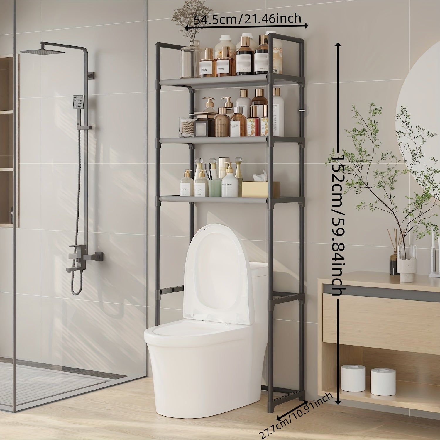 Organizador moderno para baño negro sobre el inodoro con estante de plástico y metal de 2-3 niveles