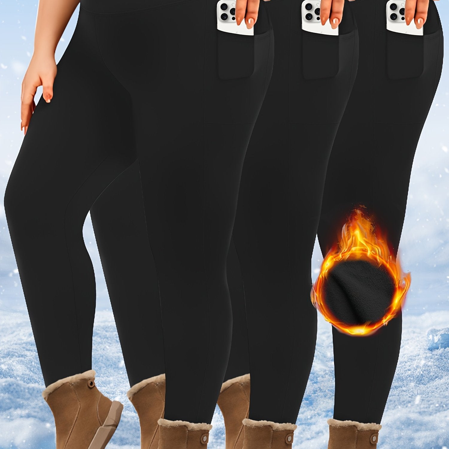 Plus Size High-Waist Fleece-Lined Leggings with Pockets for AutumnWinter Black Gray Burgundy