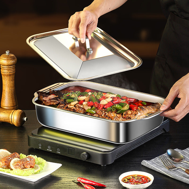 Large Heavy-Duty Stainless Steel Baking Pan with Lid for Desserts Bread Seafood Oven Safe