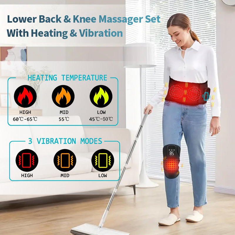 Cordless Heated Massager Set for Back and Knees with 3-Level Heating Vibration LED Touchscreen