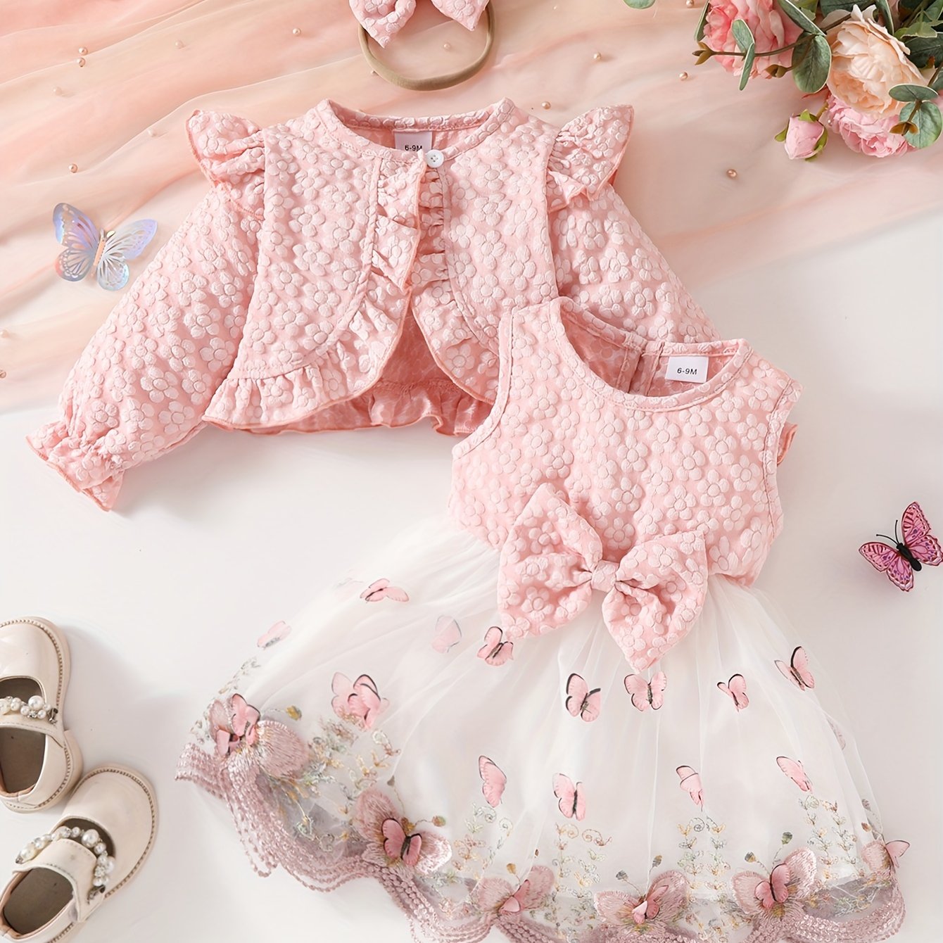 Girls' Long Sleeve Butterfly Pattern Tulle Dress Set with Crop Top and Bow Headband for Fall Winter