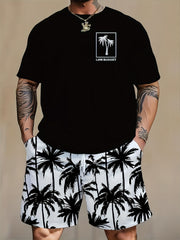 Men's Casual Outfit Set Polyester Cartoon Print Crew Neck T-Shirt and Shorts