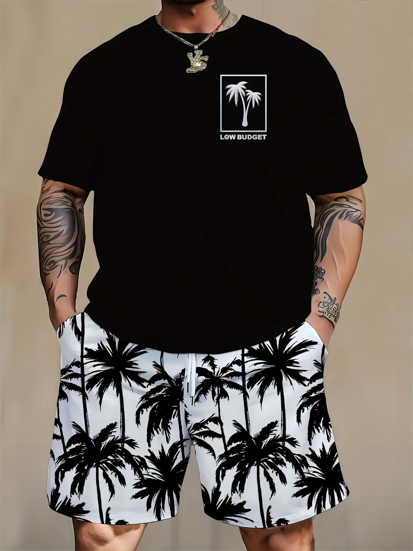 Men's Casual Outfit Set Polyester Cartoon Print Crew Neck T-Shirt and Shorts