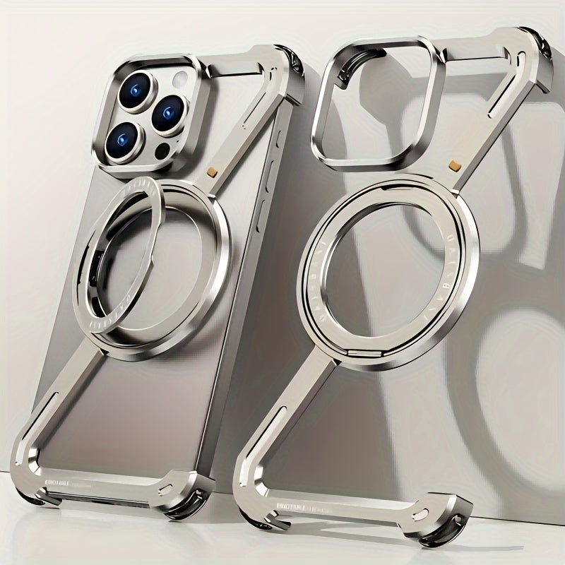 Aviation Aluminum Gold Phone Case for iPhone 13-16 Wireless Charging Magnetic Stand Durable Lightweight