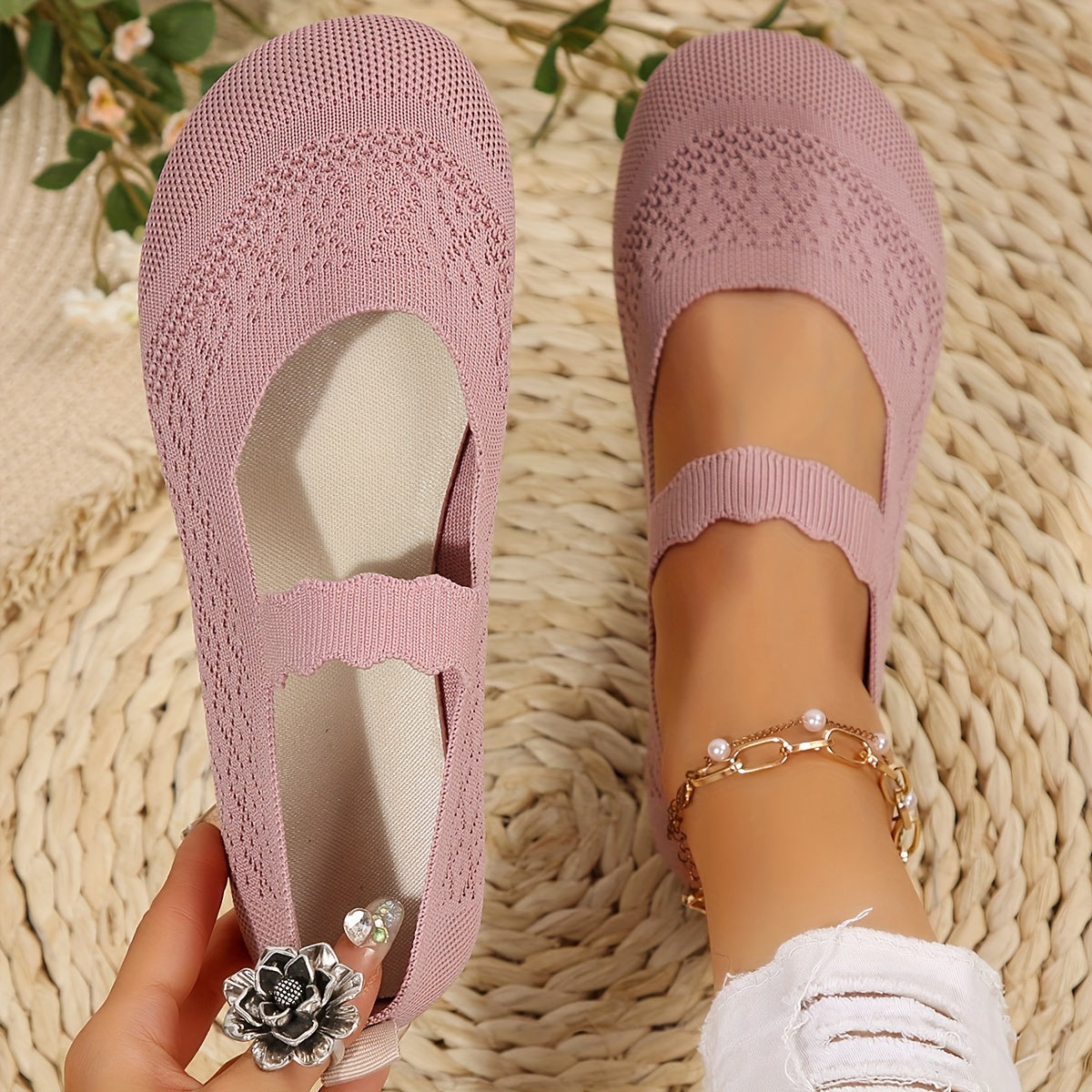 Women All-Season Knit Mary Jane Flats Solid Color Slip-On Round Toe Shoes