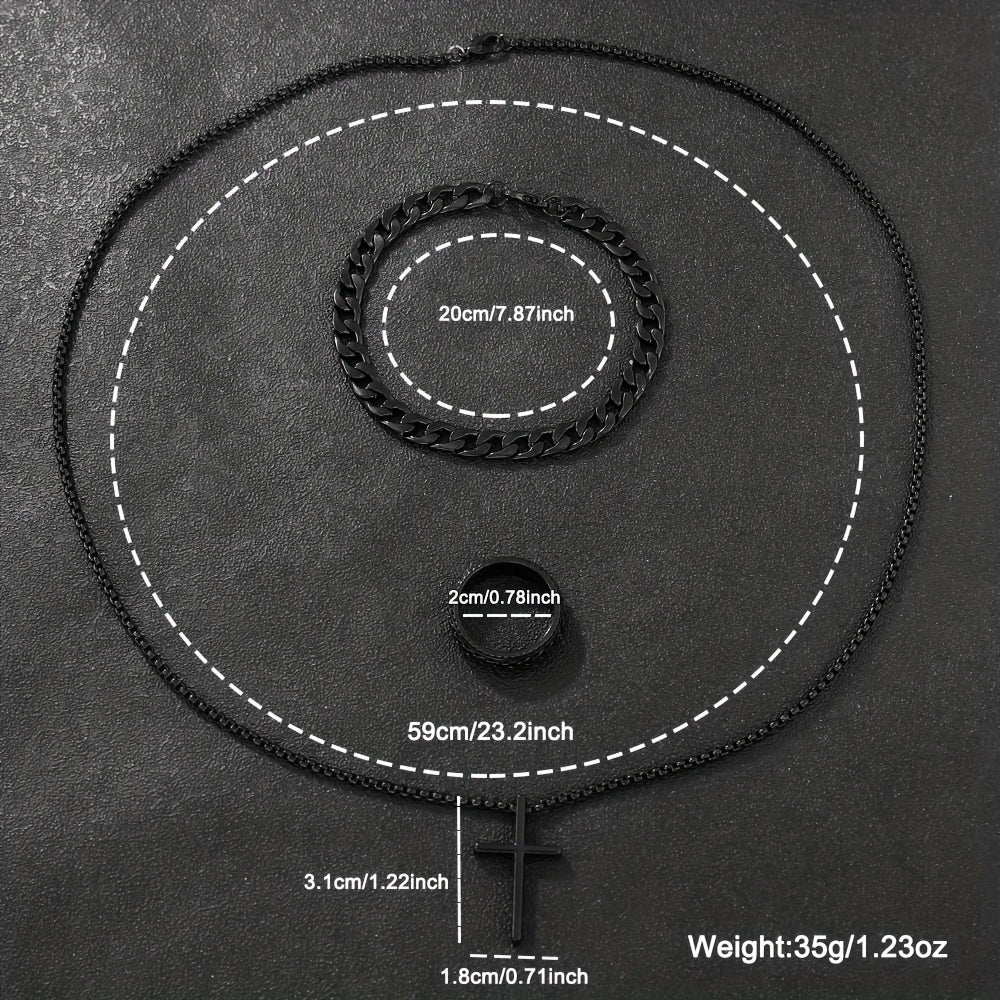 Men's Jewelry Set Black Quartz Watch with Calendar Cross Pendant Necklace Ring Bracelet