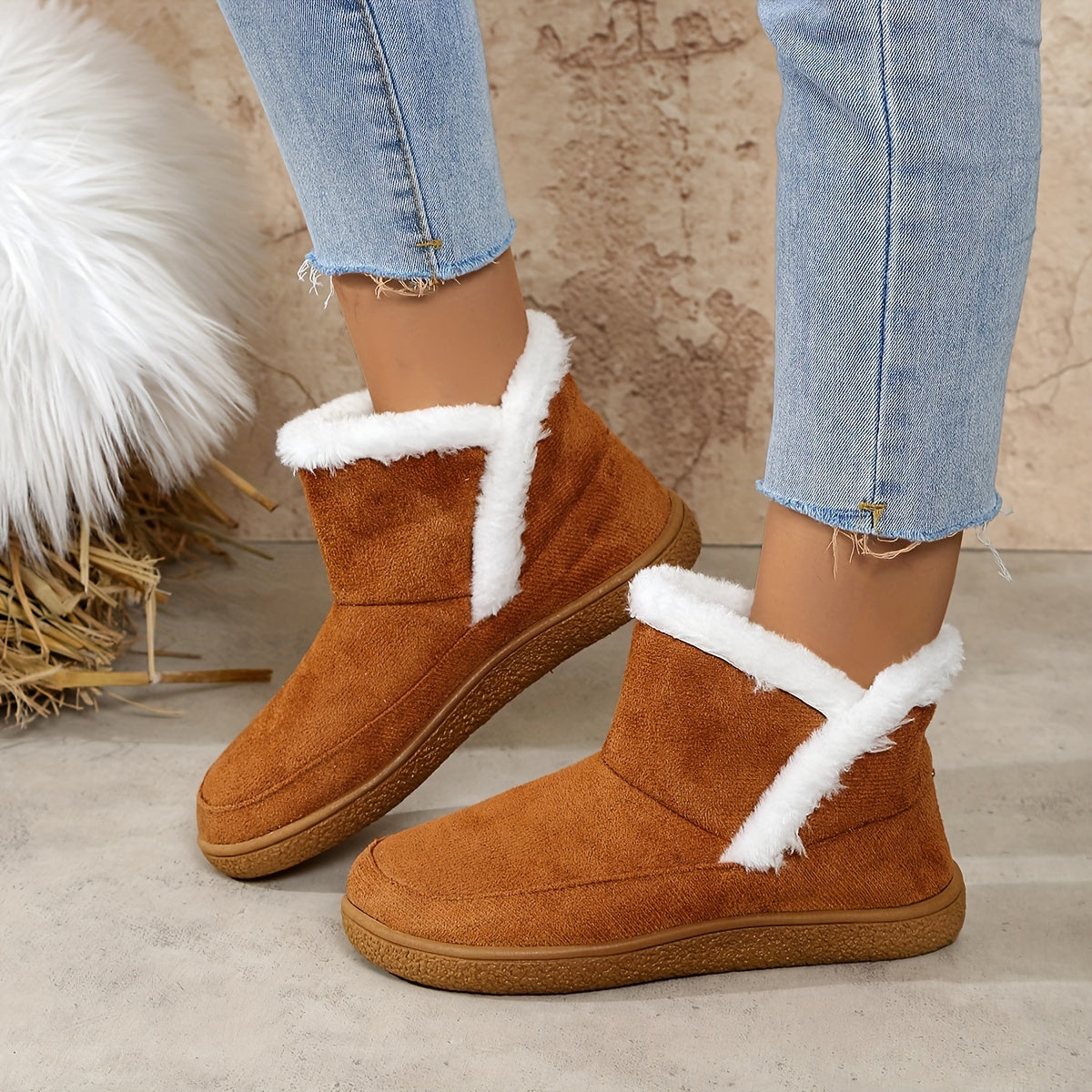Women's Winter Plush Lined Slip-On Ankle Boots with Rubber Sole