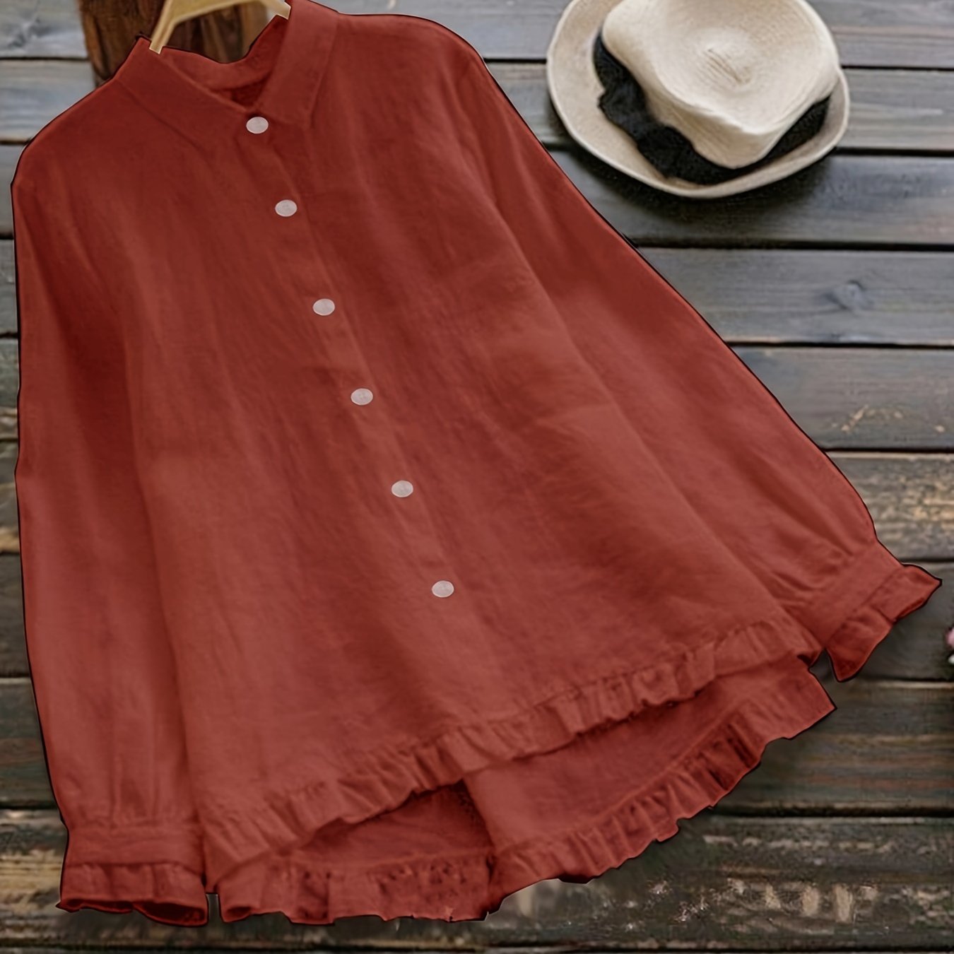 Loose-Fitting Cotton Shirt for Adults with Solid Color, Front Buttons, and Lace Trim