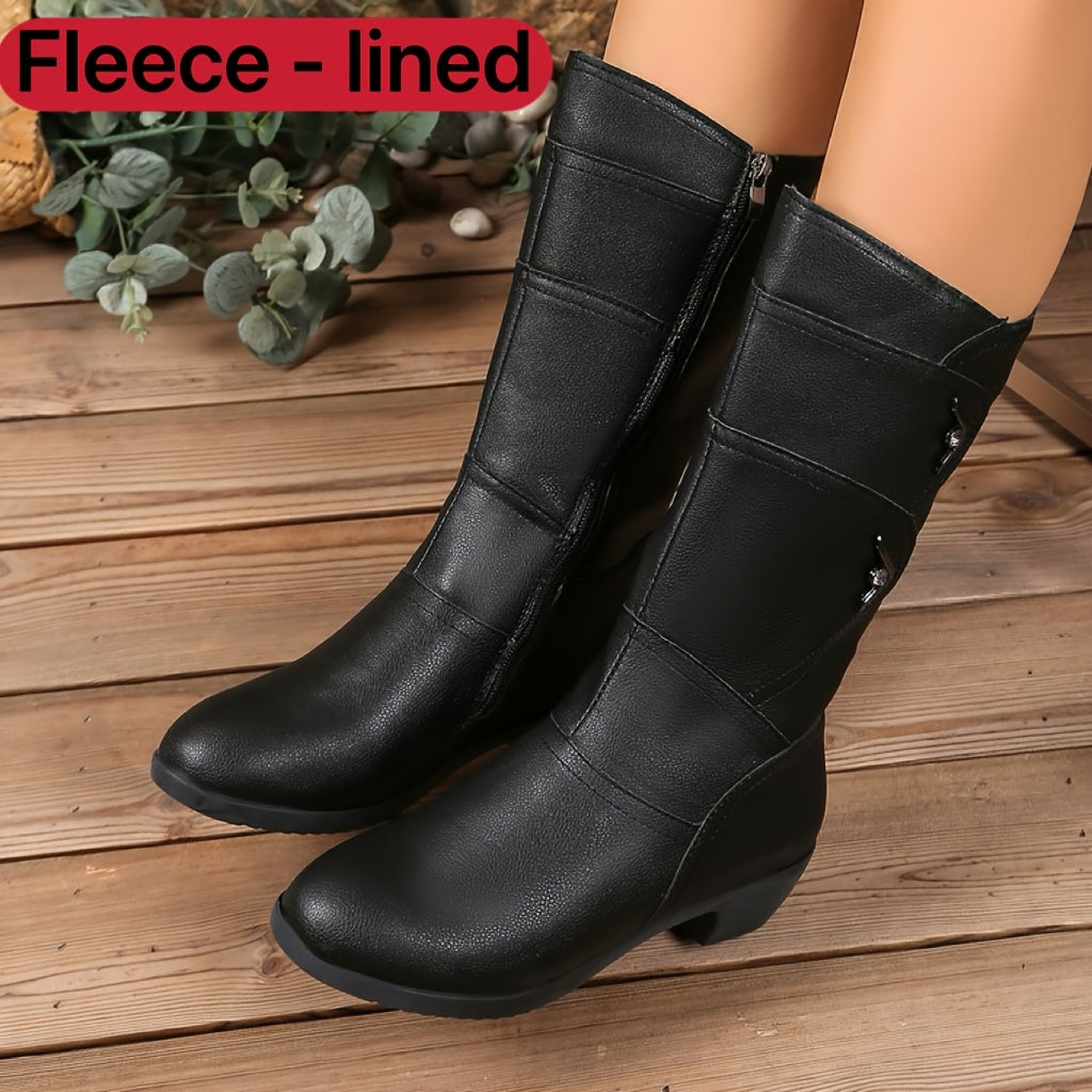Women's Fleece-Lined Mid-Calf Ankle Boots with Zipper, Chunky Heel, Black