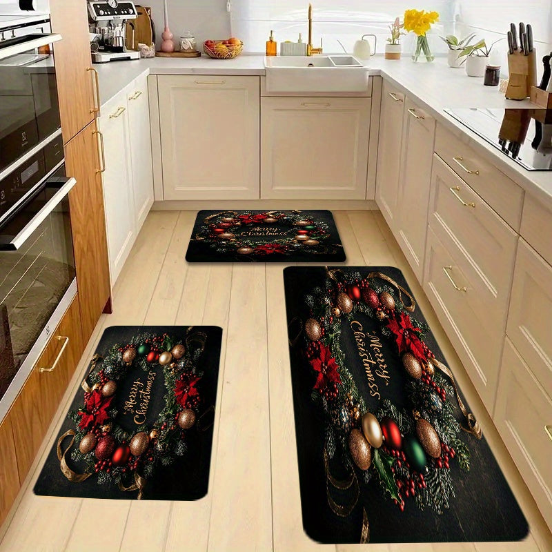 Juego de 3 felpudos navideños lavables de poliéster para puerta de entrada, decoración festiva para sala de estar
