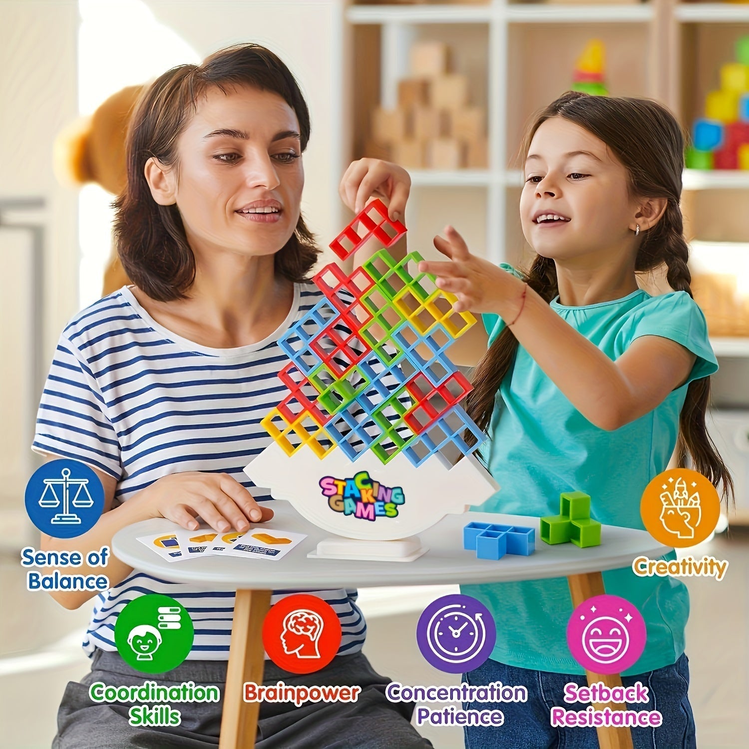 Wooden Block Stacking Game for Kids and Family, Educational Tabletop Toy