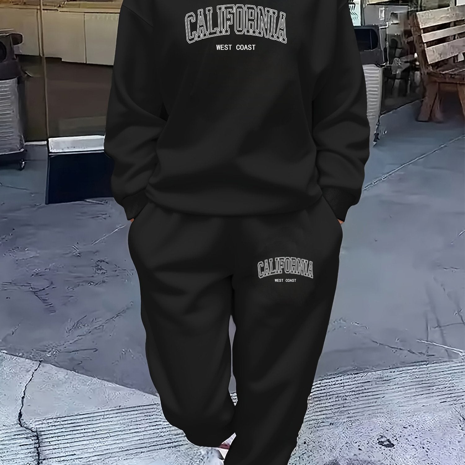 Plus-Size Women's Fleece-Lined Letter Print Sportswear Set Long Sleeve Top Jogger Pants