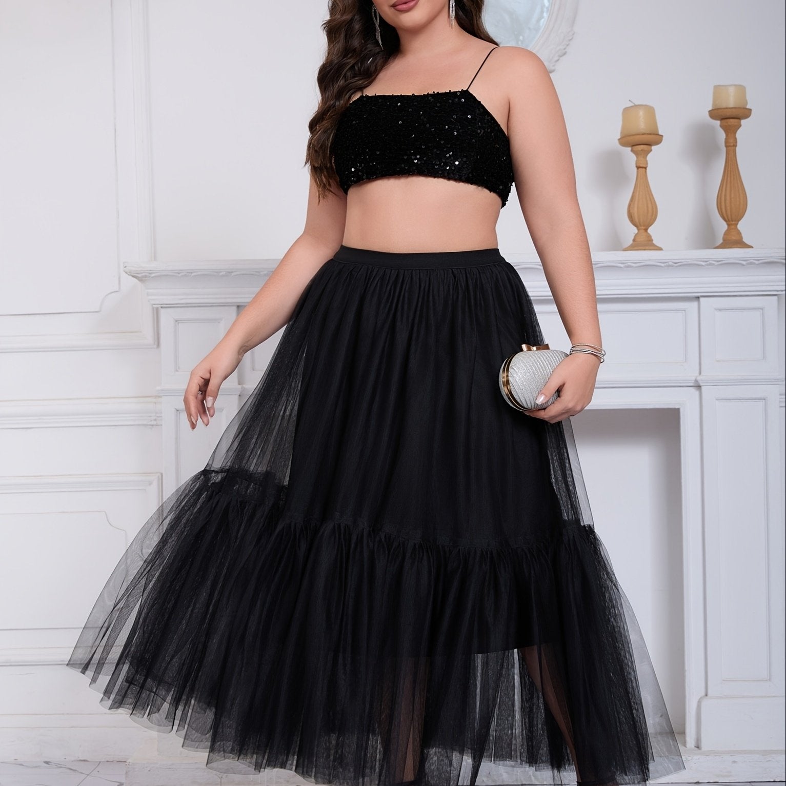 Women's Black Mesh Maxi Skirt Tiered High-Waisted Casual Elegant